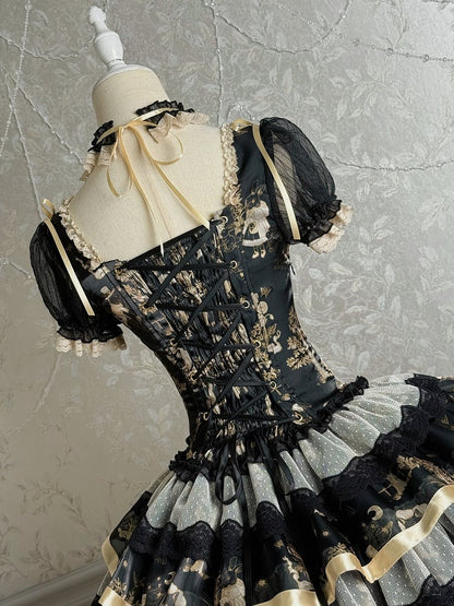 Bunny and Kitty Print Black and Gold Short Puff Sleeves Lolita Corset Dress