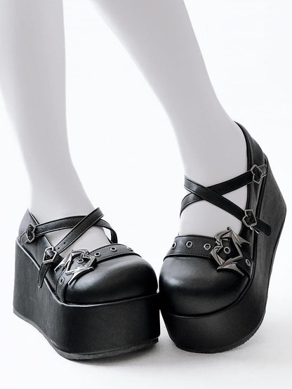 Black Y2K Crisscross Design Wings Decorated Heart Buckles Platforms
