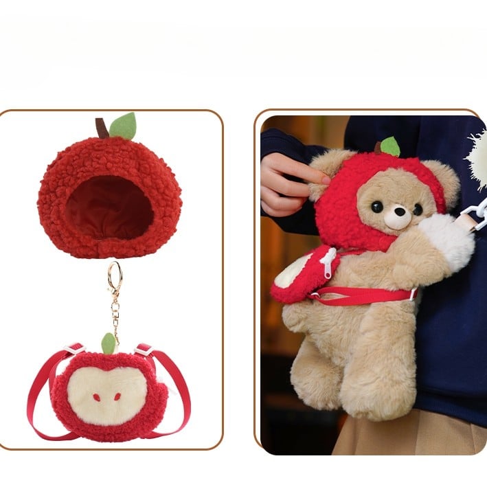 Khaki Bear Plush Backpack/Crossbody Bag +Apple Hat +Apple Keychain