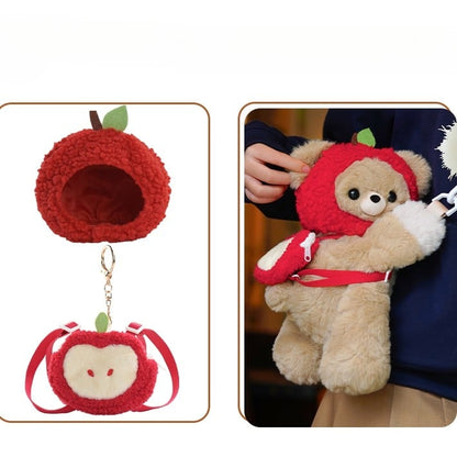 Khaki Bear Plush Backpack/Crossbody Bag +Apple Hat +Apple Keychain