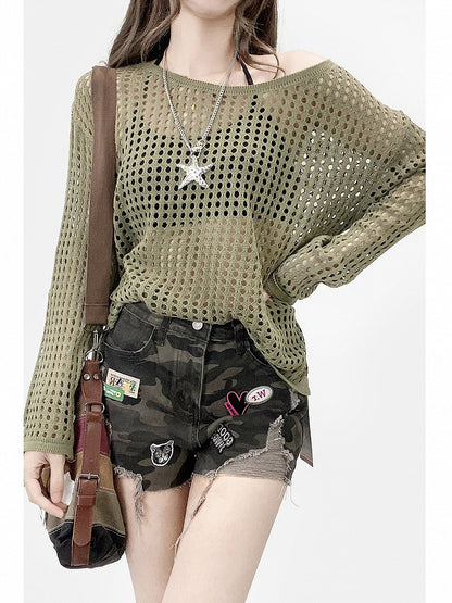 Army Green Y2K Camo Pattern Denim Shorts