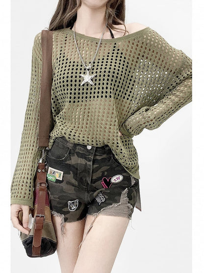 Army Green Hollow-out Design Semi-sheer Long Sleeves Top