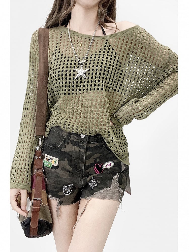 Army Green Hollow-out Design Semi-sheer Long Sleeves Top