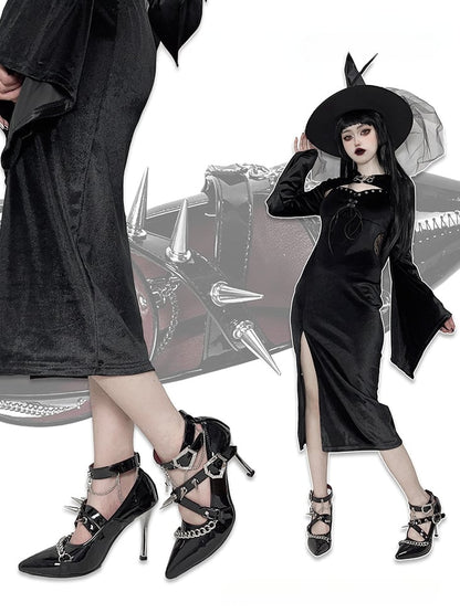 Spike Studs Coffin-shaped Buckles Polished Black Gothic Punk Stiletto Heels with Chains