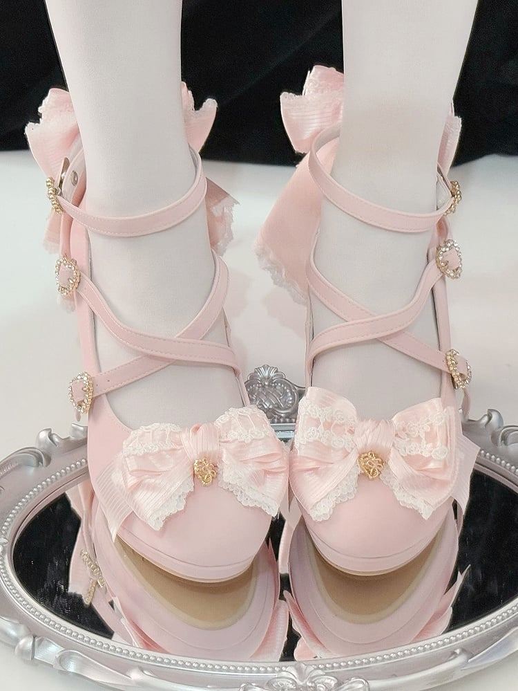 Pink Crisscross Design Heart Buckle Bow at Top High Heels