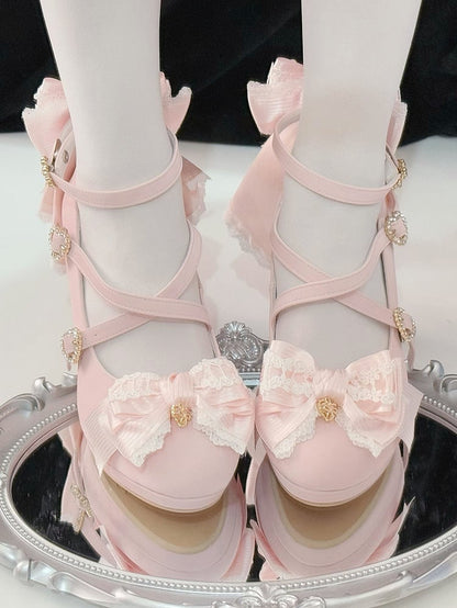 Pink Crisscross Design Heart Buckle Bow at Top High Heels