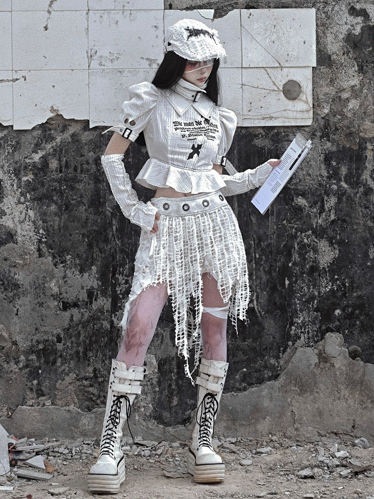 Grey Goth Letters Print Punk Shirt with Detachable Buckle Collar