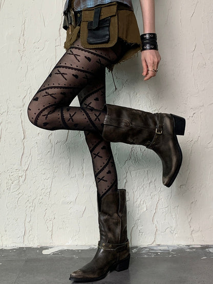 Black Punk Bittersweet Cross And Heart Print Striped Pattern Tights
