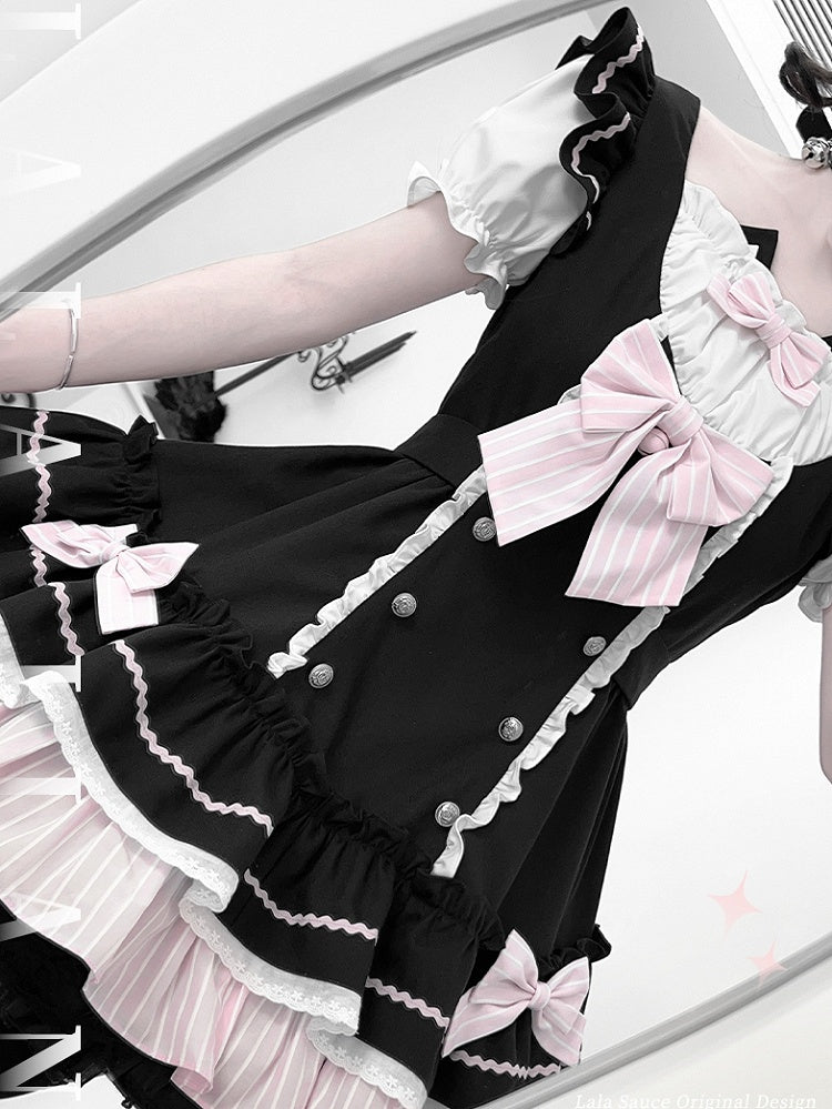 Kitty Ears Design Neckline Black and Pink Sweet Lolita One Piece with Detachable Bowknots