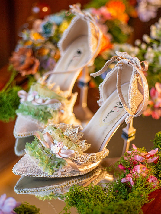 Green Beaded Decorated Knotted Bow Accent Floral Design Pointed Toe 5CM/8CM High Heels