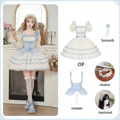 Beige and Light Blue Lace Trims Square Neckline Lolita Dress Short Sleeves OP Full Set
