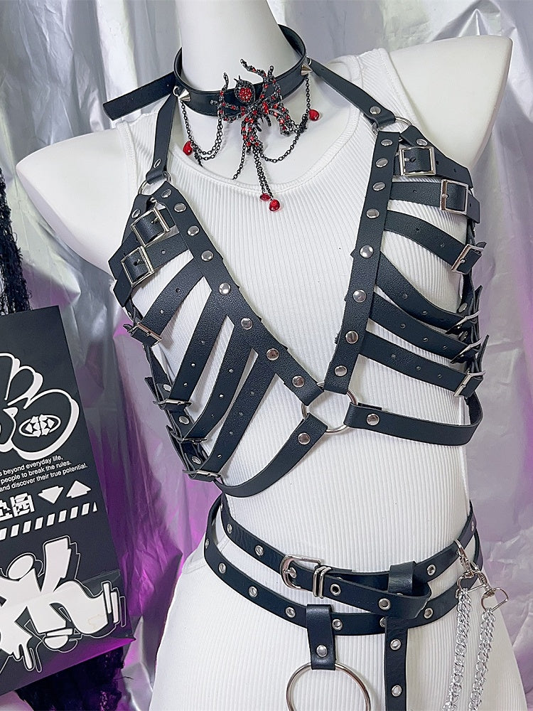 Black Y2K Studs Details PU Chest Belt