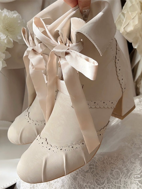 Reversible Cuff Design with Zip & Lace Fastening Elegant Lolita Beige Boots with Mid-heel