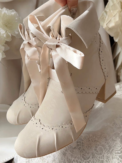 Reversible Cuff Design with Zip & Lace Fastening Elegant Lolita Beige Boots with Mid-heel