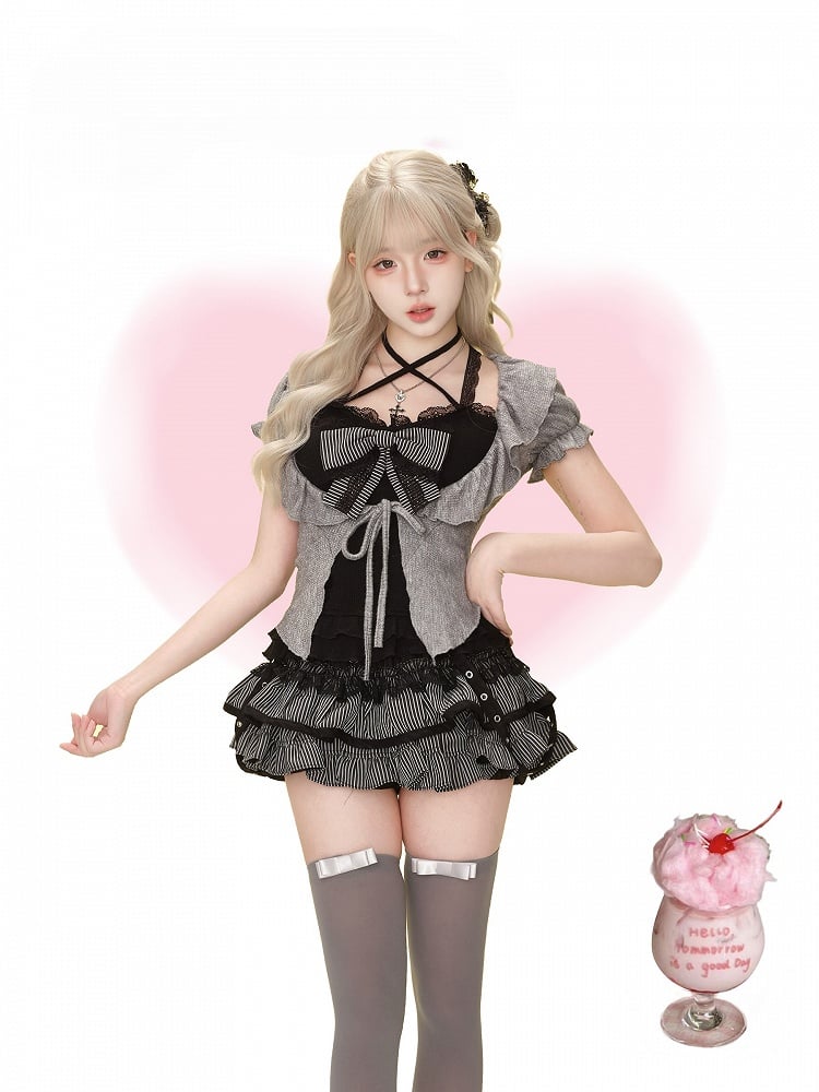 Gothic Black Lace Cami Top with Detachable Striped Bow