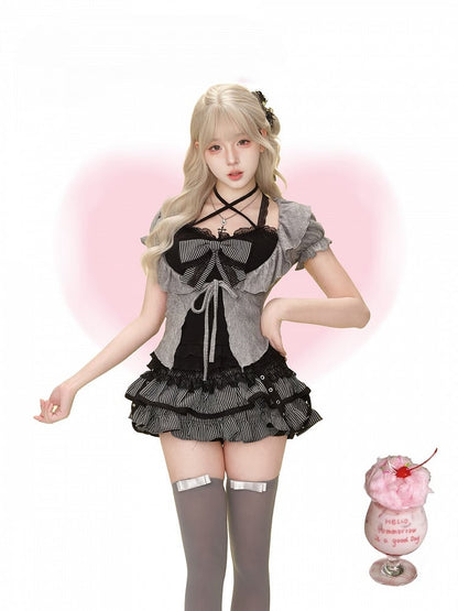 Gothic Black Lace Cami Top with Detachable Striped Bow