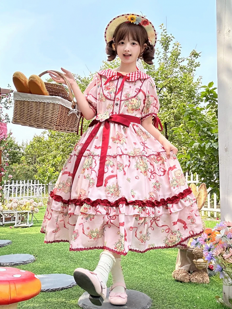 Teddy and Strawberry Print Pink Lolita Short Sleeves Dress