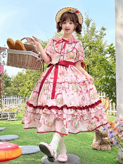 Teddy and Strawberry Print Pink Lolita Short Sleeves Dress