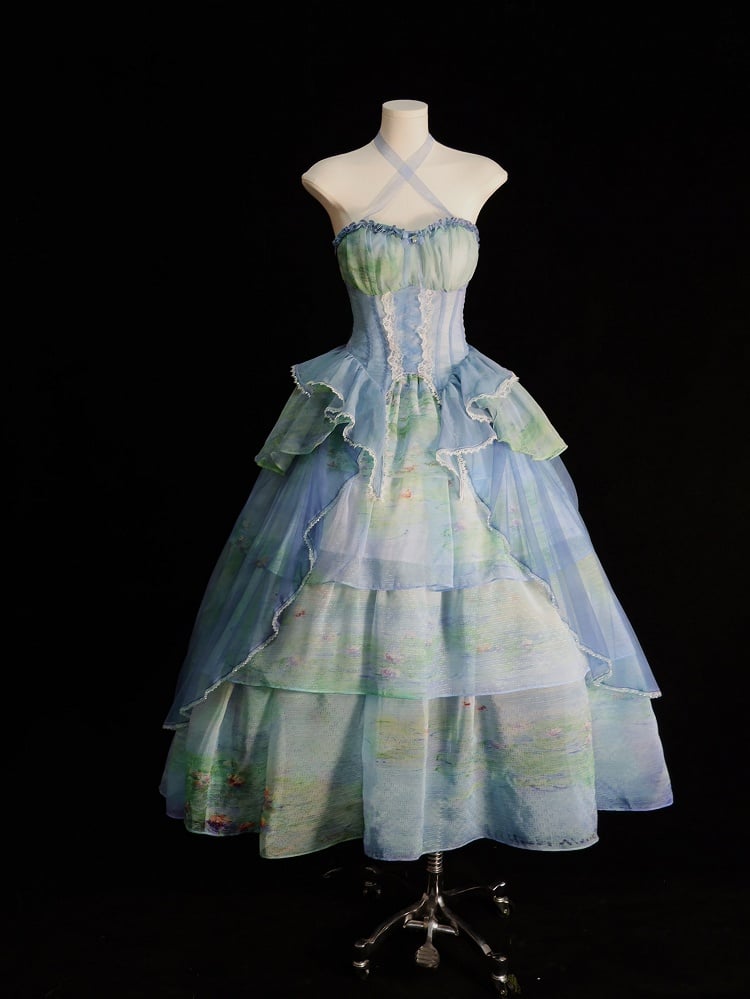 Sky Blue/Light Pink/Purple/Green Oil Painting Print Organza Tiered Skirt