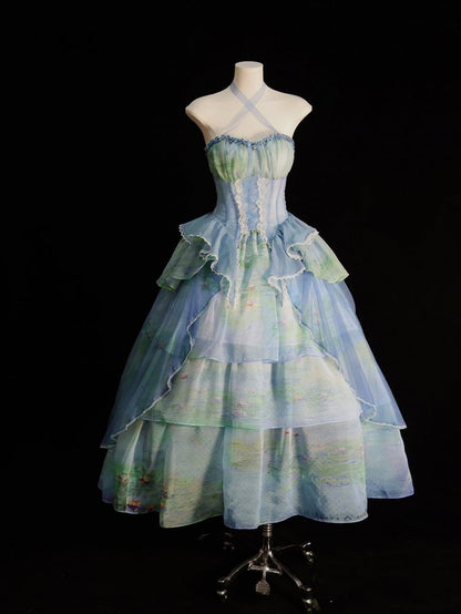 Sky Blue/Light Pink/Purple/Green Oil Painting Print Organza Tiered Skirt