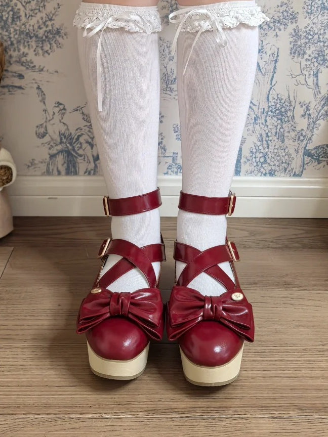 PU Red Sweet Lolita Platform Mary Janes - Crisscross Straps with Wood Grain Sole & Bow at Top