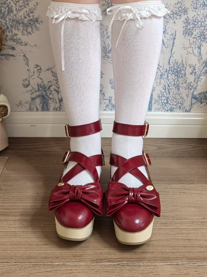 PU Red Sweet Lolita Platform Mary Janes - Crisscross Straps with Wood Grain Sole & Bow at Top