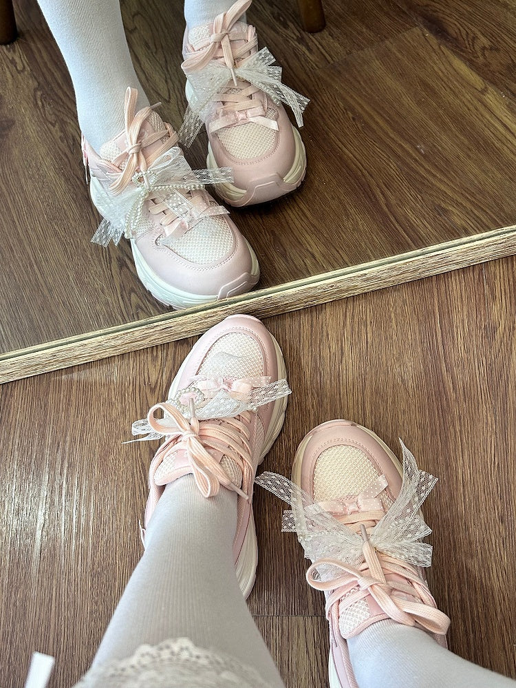 Pink Beaded Decorated Bowknot Details Front Lace-up Ties Sneakers