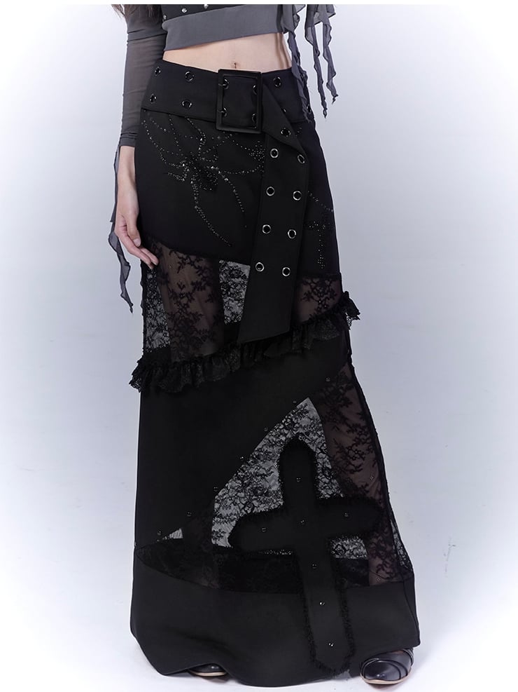 Black Low Waist Lace Patches Cross Applique Punk Skirt with Buckle Belt