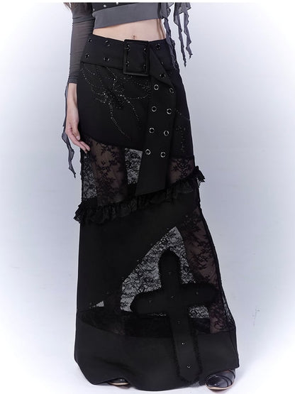 Black Low Waist Lace Patches Cross Applique Punk Skirt with Buckle Belt