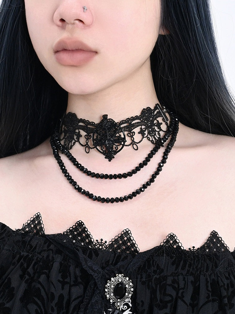 Bead Details Gothic Black Halloween Lace Choker