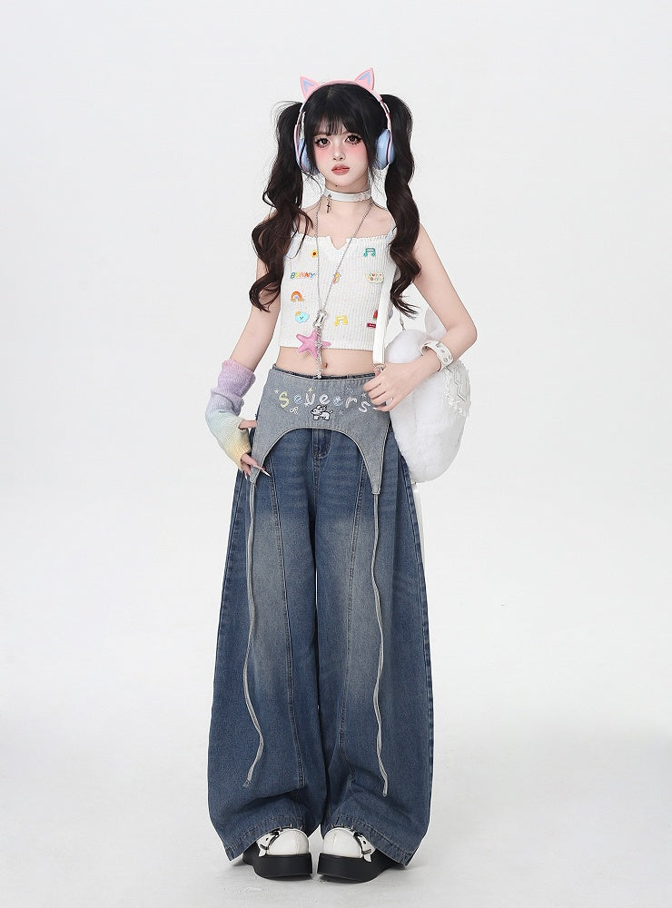 Blue Low Waist Wide-leg Jeans with Letter Embroidery Waist Accessory