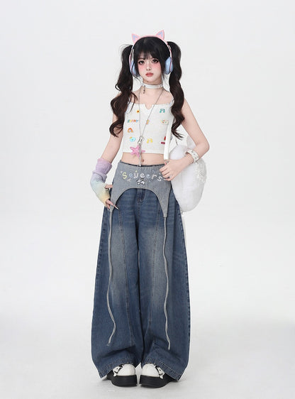 Blue Low Waist Wide-leg Jeans with Letter Embroidery Waist Accessory
