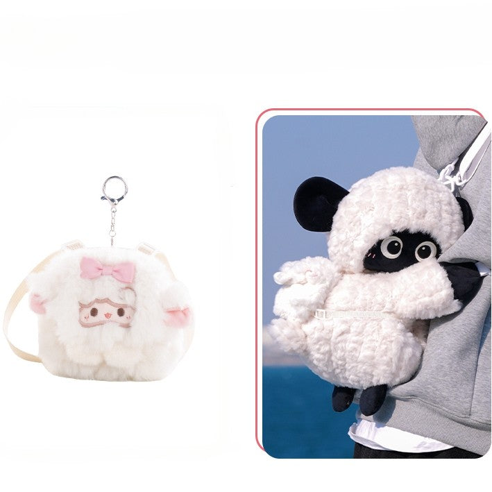 Cute Little Lamb White&Black Plush Backpack/Crossbody Bag + Keychain