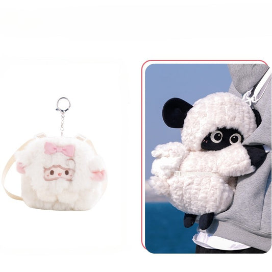 Cute Little Lamb White&Black Plush Backpack/Crossbody Bag + Keychain