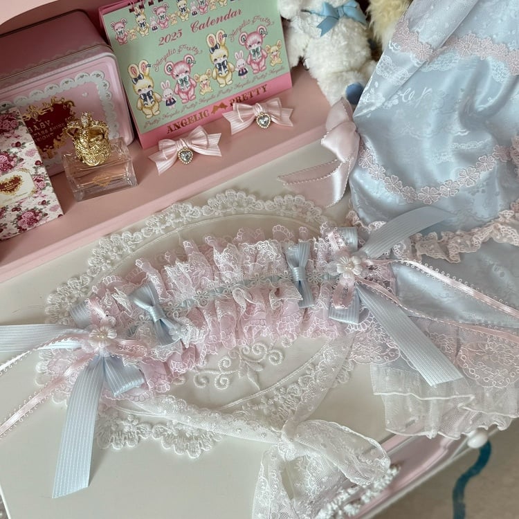 Pink/Pink&Blue Floral Design Bowknot Details Ruffled Hairband