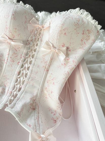 Pink & White Sweet Lolita Floral-Print Corset Top + Skirt + Choker + Arm Rings + KC Full Set