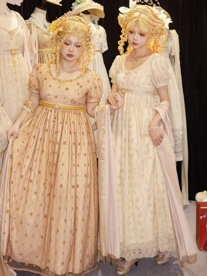 Allover Beaded Leaves Design Beige Empire Waist Elegant Lolita One Piece Long/Short Version