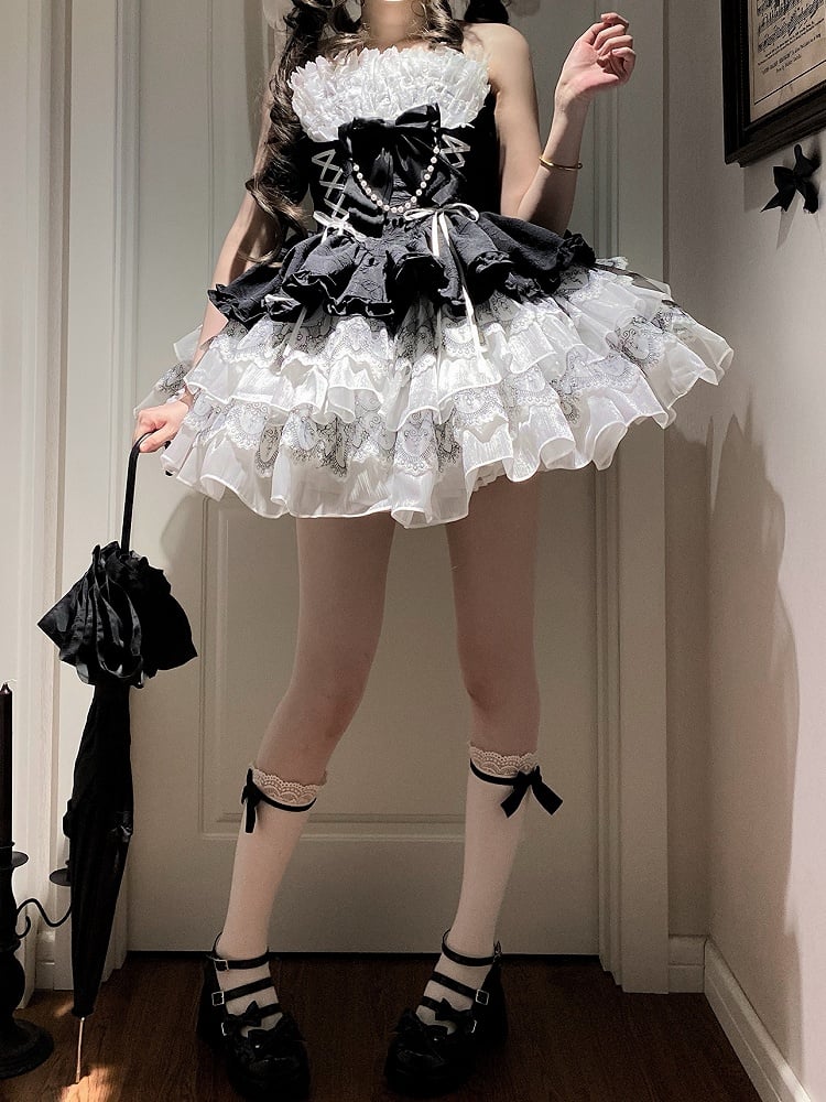 Black and White Balletcore Princess Lolita Halter Neck Dress