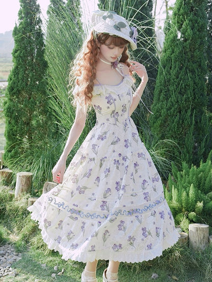 Purple Iris Embroidery Beige Off-the-shoulder Neckline Jumper Skirt