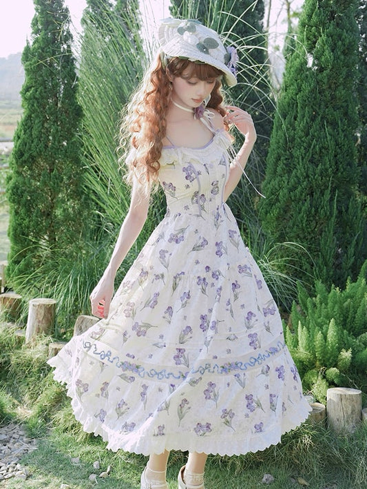 Purple Iris Embroidery Beige Off-the-shoulder Neckline Jumper Skirt