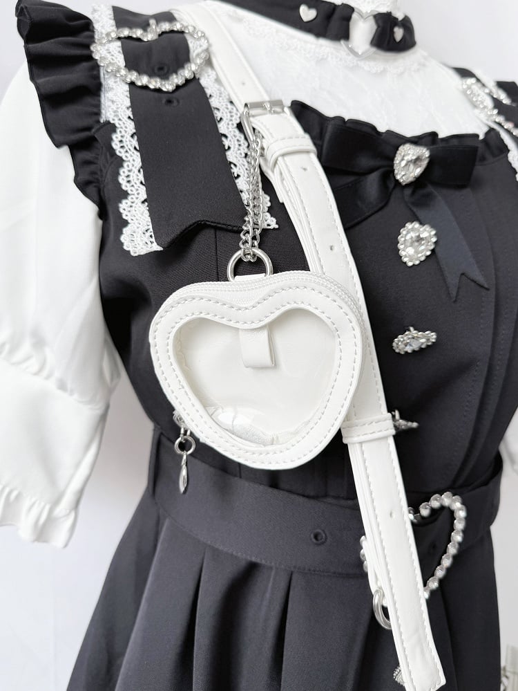 Detachable Rhinestone Strap & Crown-Embellished Bow Accent White Hand/Crossbody Bag in Jirai Kei