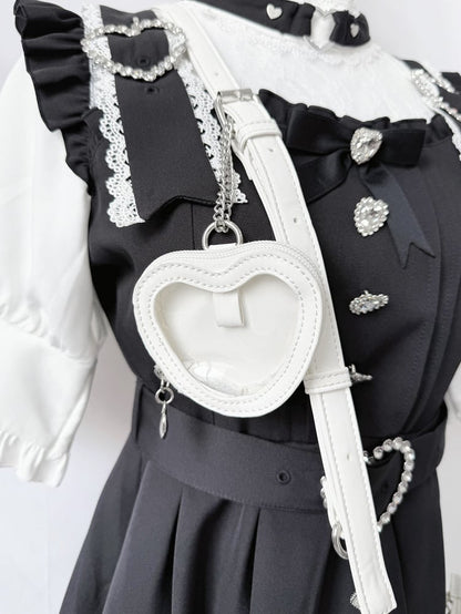Detachable Rhinestone Strap & Crown-Embellished Bow Accent White Hand/Crossbody Bag in Jirai Kei