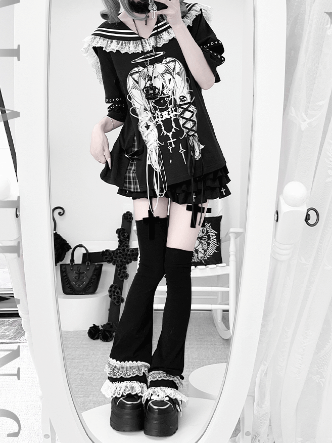 Anime Girl Print Sailor Collar Lace-up Details Black Bittersweet T-shirt