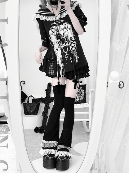 Anime Girl Print Sailor Collar Lace-up Details Black Bittersweet T-shirt