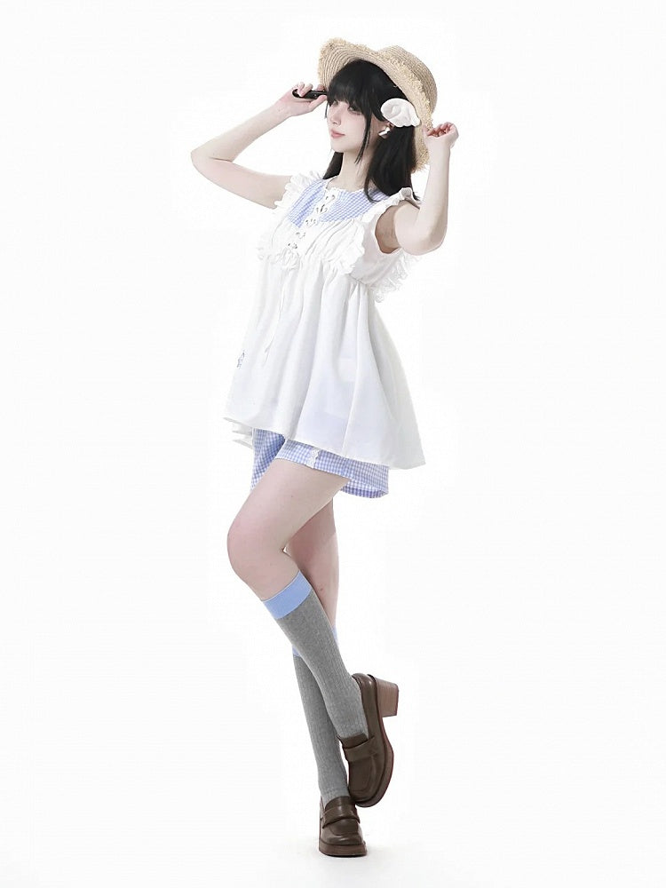 Blue Plaid Elastic Waist Shorts