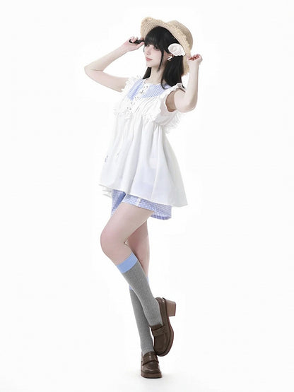 Blue Plaid Elastic Waist Shorts