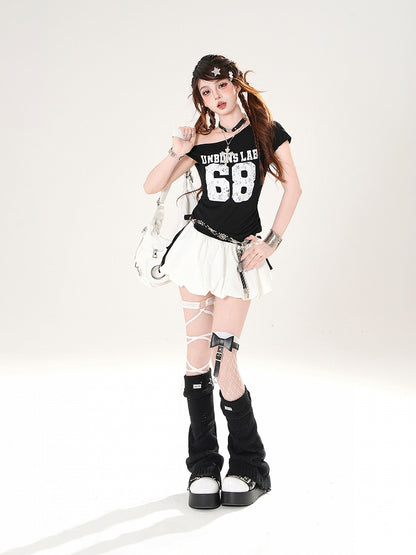 White/Black Elastic Waist Mini Bubble Skirt