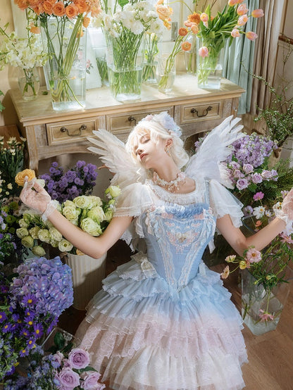 Blue Princess Lolita Floral Embroidery Corset Dress Lolita JSK Full Set