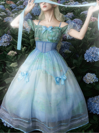 Oil Painting Water Lily Print Basque Waist Sky Blue Dress with Organza Overlay