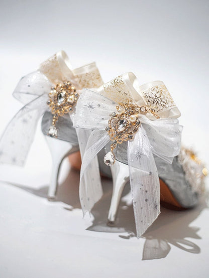 Silver Cross and Detachable Chain Bow Accent Glittering 7.5CM/10.5CM Hime Lolita High Heels